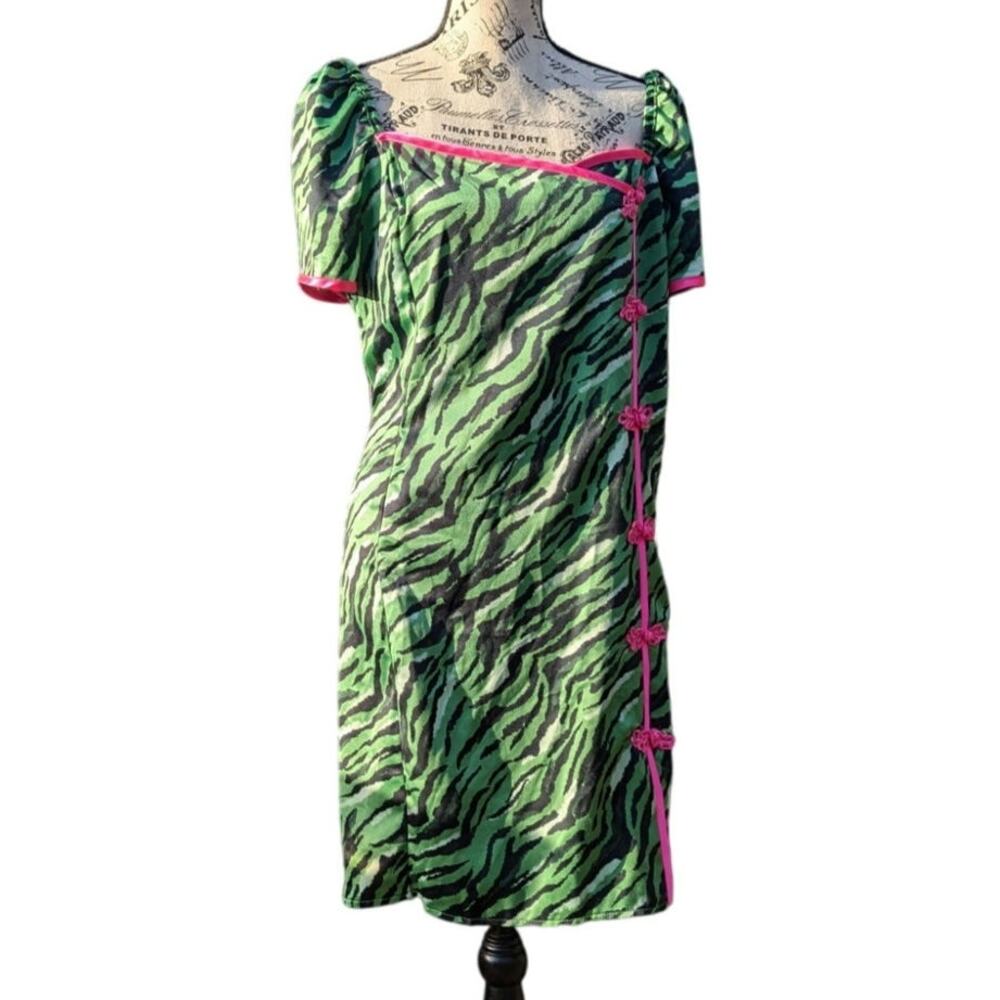 Green Zebra Print Qipao Hot Pink Trim Retro Mini Dress Asos Plus Size 14 Party